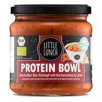 Little Lunch Protein Gemüseeintopf Kichererbse und Linse Bio 350 ml - Produkttyp: Gemüse - Nährwertangabe pro: 100 ml - Energiegehalt (in kj): 328 KJ - Energiegehalt (in kcal): 78 Kcal - Fett: 1.5 g - Gesättigte Fettsäuren: 0.2 g