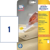 Avery Zweckform Universal-Etiketten Stick + Lift 210 x 297 mm, 30 Blatt - Klebehaftung: Ablösbar - Drucker Kompatibilität: Inkjet - Laser - Anzahl Blatt: 30 × - Papierformat: A4 - Anzahl Etiketten: 30 - Etikettengrösse: 210 x 297 mm