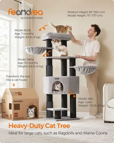 Feandrea Kratzbaum für grosse Katzen 160 cm, Schwarz - Produkttyp: Kratzbaum - Tierart: Katze - Detailfarbe: Taubengrau - Höhe: 160 cm - Anzahl Liegeplätze: 6 ×