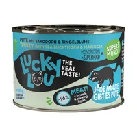 Lucky Lou Nassfutter SuperMono Pute, 200 g - Tierbedürfnis: Verdauung - Magen & Darm - Geschmacksrichtung: Geflügel - Zertifikate: Keine Zertifizierung - Fleischsorte: Pute - Futtereigenschaft: Getreidefrei - Single Protein - Produkttyp: Alleinfutter