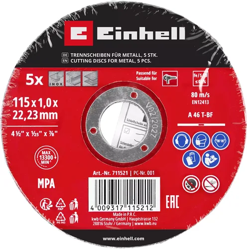 Einhell 5 Trennscheiben 115 mm - Zubehörtyp: Trennscheibe - Durchmesser: 115 mm - Für Material: Stahl - Edelstahl - Set: Ja