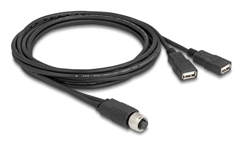 Delock M12 Kabel A-kodiert 8 Pin Buchse zu 2 x USB 2.0 Typ-A Buchse 2 m schwarz