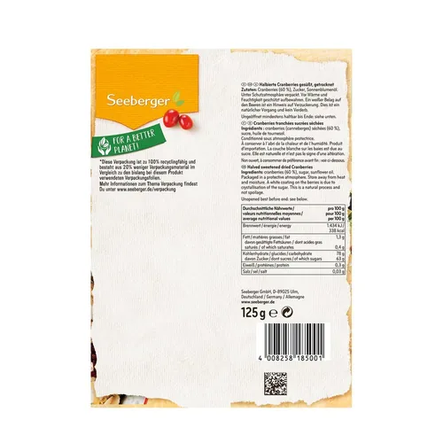 Seeberger Cranberries 125 g - Produkttyp: Superfood - Nährwertangabe pro: 100 g - Energiegehalt (in kj): 1.442 KJ - Energiegehalt (in kcal): 340 Kcal - Fett: 1.3 g - Gesättigte Fettsäuren: 0.4 g