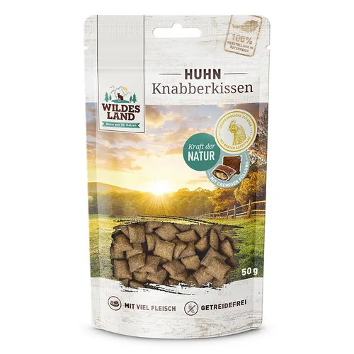 Wildes Land Katzen-Snack Knabberkissen Huhn 50 g - Snackart: Leckerli - Tierbedürfnis: Kein besonderes Bedürfnis - Geschmacksrichtung: Geflügel - Zertifikate: Keine Zertifizierung - Fleischsorte: Huhn - Packungsgrösse: 50 g