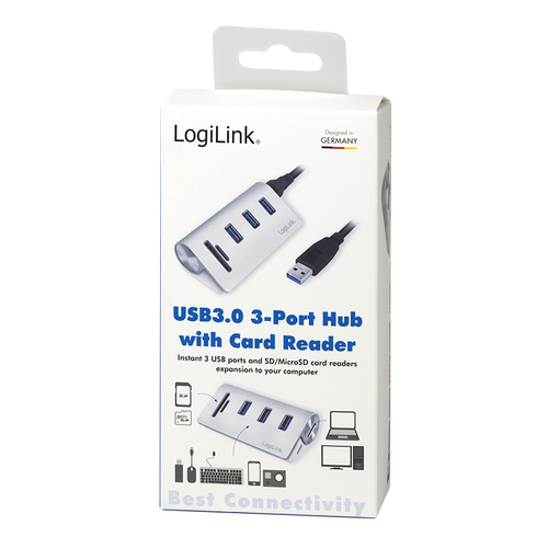 Logilink USB 3.0 HUB 3-Port, mit Kartenleser, ALU, silber