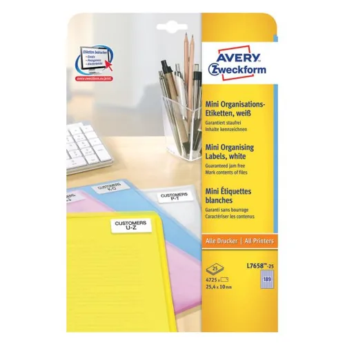 Avery Zweckform Mini-Etiketten L7658-25 25.4 x 10 mm - Klebehaftung: Permanent - Drucker Kompatibilität: Inkjet - Laser - Anzahl Blatt: 25 × - Papierformat: A4 - Anzahl Etiketten: 4725 - Etikettengrösse: 25.4 x 10 mm