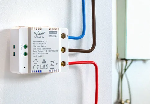 Shelly Ogemray Smart Relay 25 A 6000 W - Detailfarbe: Weiss - Produkttyp: Zentralen und Gateways - Protokoll: Bluetooth - WLAN - Systemkommunikation: Wireless - System-Kompatibilität: Google Assistant - Apple HomeKit - Amazon Alexa