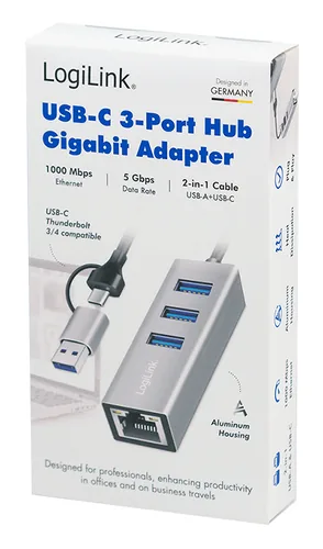 Logilink USB 3.2 Gen 1 HUB, 3x USB-A, 1x RJ45, silber