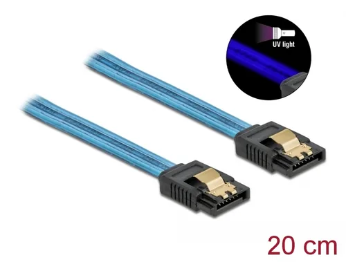 Delock SATA-Kabel UV Leuchteffekt blau 20 cm - Datenanschluss Seite A: SATA - Datenanschluss Seite B: SATA - Detailfarbe: Blau - Anzahl Ausgänge: 1 × - Winkelstecker: Nein - Kabellänge: 20 cm