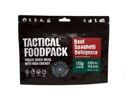 Tactical Foodpack Hauptgericht Beef Spaghetti Bolognese - Produkttyp: Nudelgerichte - Nährwertangabe pro: 1 Stück - Energiegehalt (in kj): 2129 KJ - Energiegehalt (in kcal): 507 Kcal - Fett: 17 g - Gesättigte Fettsäuren: 4.7 g