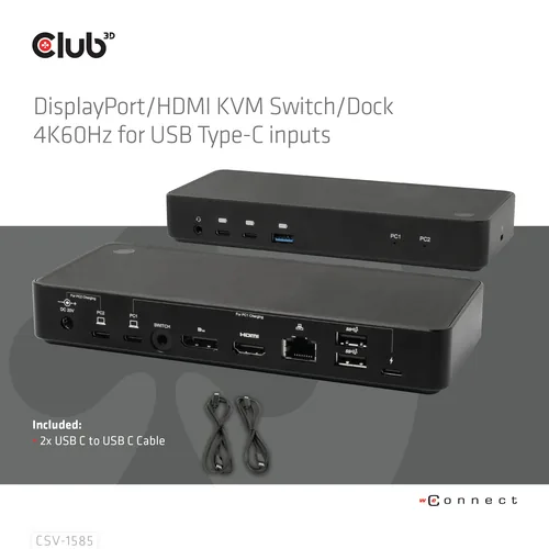 Club 3D Dockingstation CSV-1585 DisplayPort/HDMI KVM - Ladefunktion: Ja - Dockinganschluss: USB-C - Kompatible Hersteller: Universal - Vesa-Bohrung vorhanden: Nein
