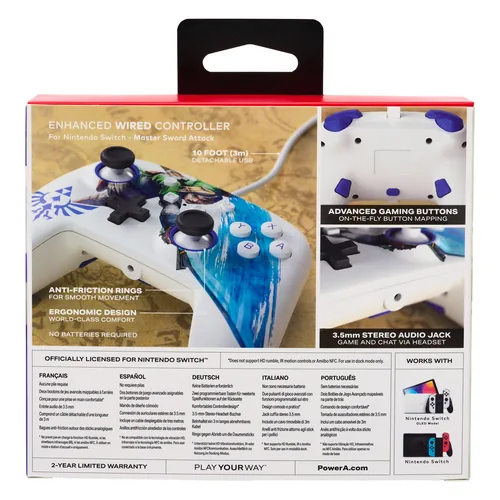 Power A Enhanced Wired Controller Master Sword Attack - Plattform: Nintendo Switch - Nintendo Switch OLED-Modell - Verbindungsmöglichkeiten: Kabelgebunden - USB Typ-A - Controller Typ: Gamepad - Detailfarbe: Blau - Mehrfarbig - Weiss