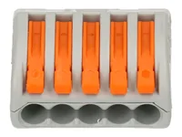 WAGO Verbindungsklemme Wago Klemme 5L 5-fach, 4 Stück - Verwendung Klemmen: Drähte + Litzen - Schutzklasse: IP20 - Verpackungseinheit: 4 Stück - Detailfarbe: Orange - Eigenschaften Hausinstallation: Steckklemme - Flammwidrig - E-Nr.: 0
