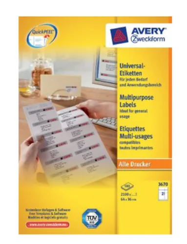 Avery Zweckform Universal-Etiketten 3670 64x36 mm, 1 Blatt - Klebehaftung: Permanent - Drucker Kompatibilität: Laser - Inkjet - Anzahl Blatt: 1 × - Papierformat: A4 - Anzahl Etiketten: 21 - Etikettengrösse: 64x36 mm