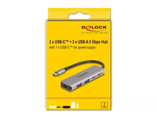 Delock USB-Hub 2x USB C 5Gbps/2x USB A 5Gbps - Stromversorgung: USB-C - Anzahl Ports: 4 - Detailfarbe: Grau - USB Standard: 3.0/3.1/3.2 Gen 1 (5 Gbps) - USB Anschluss 2 (Endgerät): USB A - USB C - USB Anschluss 1 (Quelle): USB C