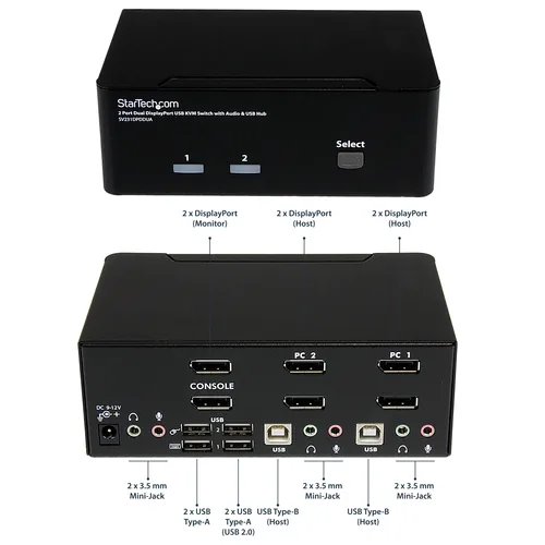 StarTech.com 2 Port Dual DisplayPort USB KVM Switch mit Audio - DisplayPort Desktop KVM Umschalter mit USB Hub - 4xUSB Buchse 2xDP Buchse - K