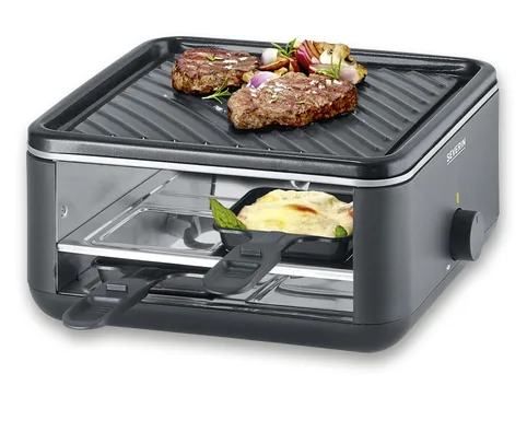 Severin Racletteofen Black Line Lite Mini RG 2360 4 Personen - Anzahl Personen: 4 - Funktionen: Antihaftbeschichtung - Grillplatte - Raclette - Regelbarer Thermostat - Rutschfeste Füsse - Connect-System: Keine Angaben - Grillplatte: Keramik - Pfännchenabl