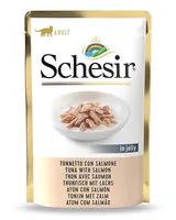 Schesir Nassfutter Thunfisch & Lachs in Gelée, 85 g - Tierbedürfnis: Kein besonderes Bedürfnis - Lebensphase: Adult (1-7 Jahre) - Produkttyp: Ergänzungsfutter - Packungsgrösse: 85 g - Fleischsorte: Lachs - Thunfisch - Tierart: Katze