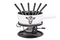 Kadastar Käsefondue-Set Kuh E22 9 Teile, Weiss - Anzahl Personen: 6 - Materialtyp: Metall - Material: Gusseisen - Edelstahl - Betriebsart: Pastenbrenner - Kompatible Kochfelder: Glaskeramik - Gas - Detailfarbe: Weiss