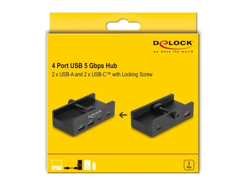 Delock Externer USB-Hub 5 Gbps - Stromversorgung: USB-C - Anzahl Ports: 4 - Detailfarbe: Schwarz - USB Standard: 3.0/3.1/3.2 Gen 1 (5 Gbps) - USB Anschluss 2 (Endgerät): USB-A - USB-C - USB Anschluss 1 (Quelle): USB-A
