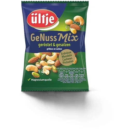 Ültje Apéro GeNuss Mix geröstet & gesalzen 150 g - Produkttyp: Mischungen - Nährwertangabe pro: 100 g - Energiegehalt (in kj): 2608 KJ - Energiegehalt (in kcal): 630 Kcal - Fett: 53 g - Gesättigte Fettsäuren: 7.9 g
