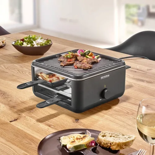 Severin Racletteofen Black Line Lite Mini RG 2360 4 Personen - Anzahl Personen: 4 - Funktionen: Antihaftbeschichtung - Grillplatte - Raclette - Regelbarer Thermostat - Rutschfeste Füsse - Connect-System: Keine Angaben - Grillplatte: Keramik - Pfännchenabl