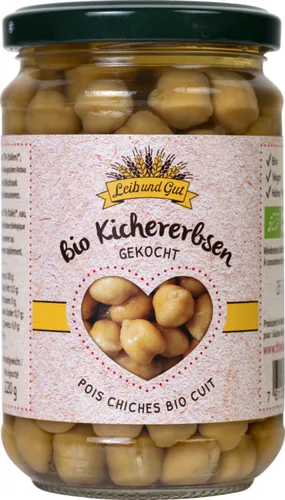 Leib und Gut Bio Kichererbsen gekocht 300 g - Produkttyp: Hülsenfrüchte - Nährwertangabe pro: 100 g - Energiegehalt (in kj): 369 KJ - Energiegehalt (in kcal): 88 Kcal - Fett: 0.5 g - Gesättigte Fettsäuren: 0 g
