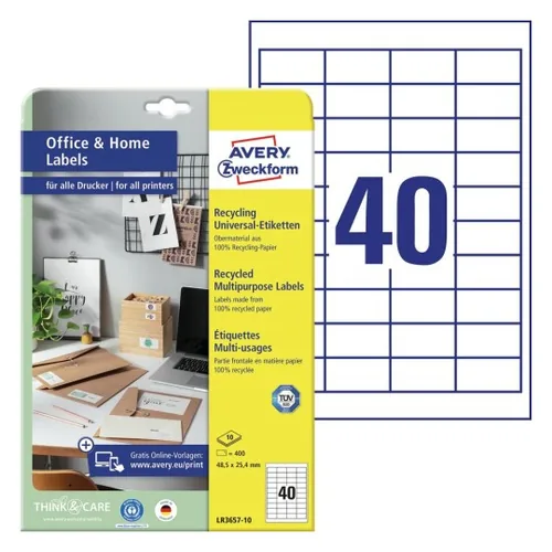 Avery Zweckform Universal-Etiketten LR3657 48.5 x 25.4 mm, 10 Blatt - Klebehaftung: Stark haftend - Drucker Kompatibilität: Inkjet - Laser - Anzahl Blatt: 10 × - Papierformat: A4 - Anzahl Etiketten: 400 - Etikettengrösse: 48.5 x 25.4 mm