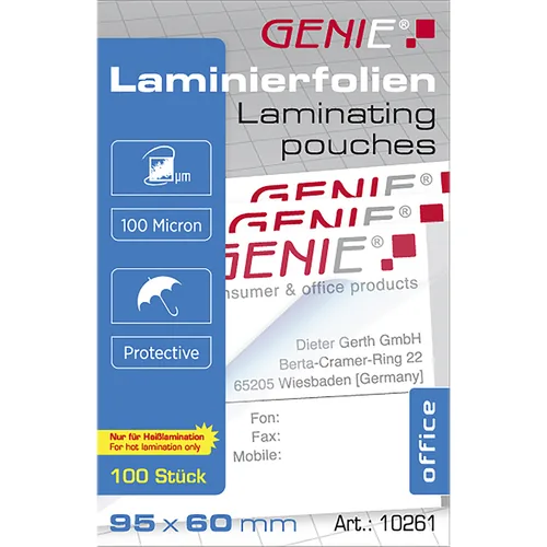 GENIE Laminiertaschen 100 im Visitenkartenformat - Folien
