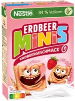 Nestlé Cerealien Strawberry Minis Cerealien 375 g - Produkttyp: Cerealien ohne Schokolade - Nährwertangabe pro: 100 g - Energiegehalt (in kj): 1750 KJ - Energiegehalt (in kcal): 417 Kcal - Fett: 9.5 g - Davon gesättigte Fettsäuren: 1.1 g
