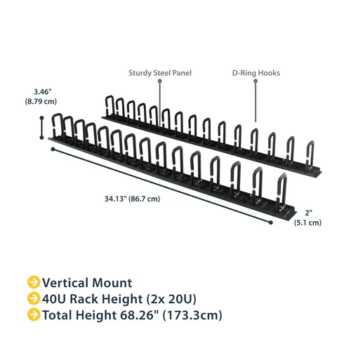 StarTech.com 2-Pack 20U Vertical Server Rack Cable Management with D-Ring Hooks, 40U Network Rack Cord Manager Panels, 2x 3ft (91cm) Wire Organizers