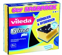 Vileda Schwamm Glitzi 6 Stück - Materialtyp: Kunststoff - Material: Schaumstoff - Nachhaltigkeit: Nicht angegeben - Fleckenradierer: Nein - Geeignete Oberflächen: Geschirr - Detailfarbe: Gelb