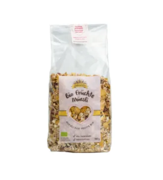 Leib und Gut Müesli Bio Früchte 500 g - Produkttyp: Früchte & Beeren - Nährwertangabe pro: 100 g - Energiegehalt (in kj): 1485 KJ - Energiegehalt (in kcal): 353 Kcal - Fett: 5.5 g - Gesättigte Fettsäuren: 0.7 g