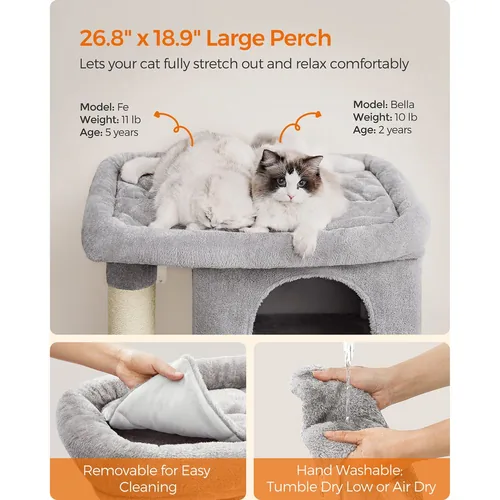 Feandrea Kratzbaum mit grosser Plattform 101 cm, Hellgrau - Höhe: 101 cm - Anzahl Liegeplätze: 3 × - Detailfarbe: Hellgrau - Tierart: Katze - Produkttyp: Kratzbaum