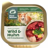 Pure Nature Nassfutter Wild&Huhn, 150 g - Tierbedürfnis: Kein besonderes Bedürfnis - Geschmacksrichtung: Wild - Geflügel - Zertifikate: Keine Zertifizierung - Fleischsorte: Huhn - Wild - Futtereigenschaft: Hoher Fleischanteil - Ohne Zuckerzusatz - Produkt