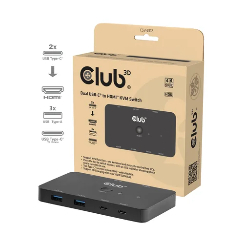 Club3D KVM Switch 4K60Hz 2x USB-C> HDMI3xUSBUSB-C 100W PD
