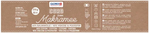 Glorex Wolle Makramee Cord gewebt 85 m x 3 mm, 250 g, Olivgrün - Packungsgrösse: 1 Stück - Länge: 85 m - Material: Polyester - Baumwolle - Viskose - Detailfarbe: Olivgrün - Waschbar bei: 40 °C - Nadelstärke: 3 mm