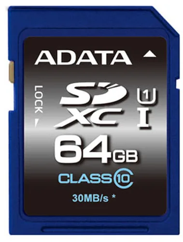 ADATA SDXC-Karte Premier UHS-I U1 64 GB - Speicherkartentyp: SDXC (SD 3.0) - Speicherkapazität: 64 GB - Geschwindigkeitsklasse: U1 - UHS-I - Lesegeschwindigkeit max.: 30 MB/s - Schreibgeschwindigkeit max.: 10 MB/s - Speicherkartenadapter: Kein Adapter