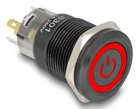 Druckschalter zum Einbau schwarz 19 mm 12 V 5 x Lötanschluss LED rot Powersymbol + Ring