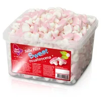 Red Band Kaubonbon Süsse Pilze 875 g - Produkttyp: Gummibonbons - Nährwertangabe pro: 100 g - Energiegehalt (in kj): 1500 KJ - Energiegehalt (in kcal): 350 Kcal - Fett: 0.3 g - Gesättigte Fettsäuren: 0.3 g