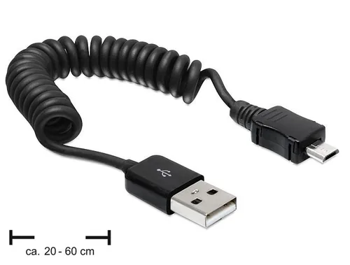 Delock USB 2.0-Spiralkabel  USB A - Micro-USB B 0.6 m - Kabeltyp: Anschlusskabel - Detailfarbe: Schwarz - USB Standard: 2.0 (480 Mbps) - Länge: 0.6 m - USB Anschluss 2 (Endgerät): Micro-USB B - Geschlecht Anschluss 2 (Endgerät): Male (Stecker)