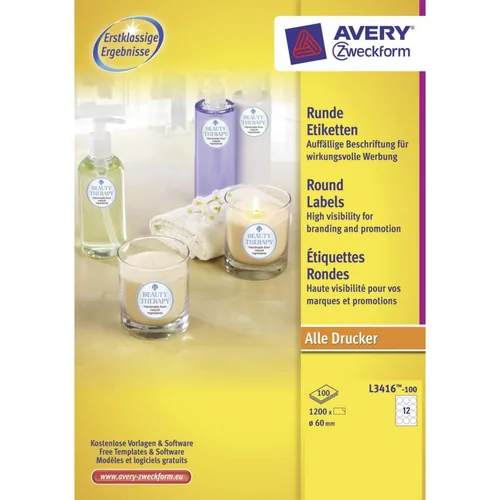 Avery Zweckform Runde Etiketten L3416-100 Ø 60 mm - Klebehaftung: Permanent - Drucker Kompatibilität: Inkjet - Laser - Anzahl Blatt: 100 × - Papierformat: A4 - Anzahl Etiketten: 1200 - Etikettengrösse: Ø 60 mm
