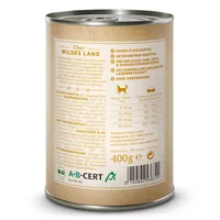 Wildes Land Nassfutter Ente mit Süsskartoffeln, Birnen & Beeren 400 g - Tierbedürfnis: Kein besonderes Bedürfnis - Nachhaltigkeit: EU BIO - Lebensphase: Adult - Produkttyp: Alleinfutter - Packungsgrösse: 400 g - Fleischsorte: Ente