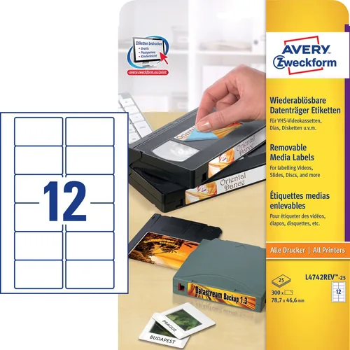 AVERY ZWECKFORM Video-Etiketten 78,7x46,6mm L4742REV-25 weiss,non-perm. 300Stk./25Bl.