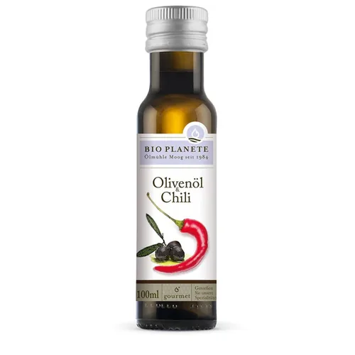Bio Planete Olivenöl und Chili 100 ml - Produkttyp: Olivenöl - Nährwertangabe pro: 100 ml - Energiegehalt (in kj): 3404 KJ - Energiegehalt (in kcal): 828 Kcal - Fett: 92 g - Gesättigte Fettsäuren: 16 g