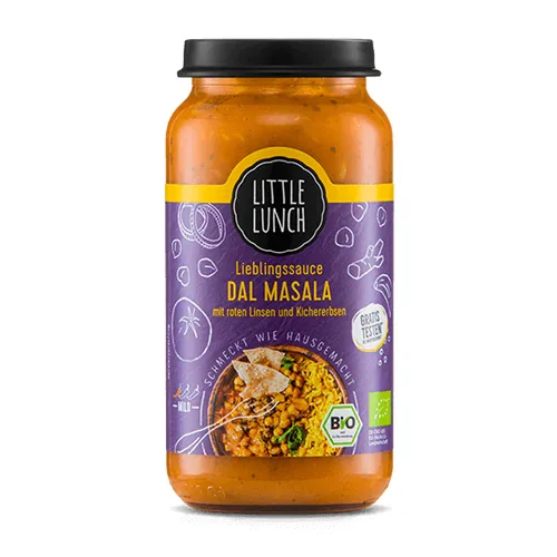 Little Lunch Lieblingssauce Dal Masala Bio 250 g - Produkttyp: Asiatische Saucen - Nährwertangabe pro: 100 g - Energiegehalt (in kj): 280 KJ - Energiegehalt (in kcal): 67 Kcal - Fett: 3.1 g - Gesättigte Fettsäuren: 0.3 g