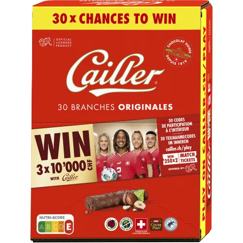 Cailler Riegel Branches 30 x 23 g - Produkttyp: Milch - Nährwertangabe pro: 100 g - Energiegehalt (in kj): 2319 KJ - Energiegehalt (in kcal): 556 Kcal - Fett: 34.9 g - Gesättigte Fettsäuren: 13.6 g