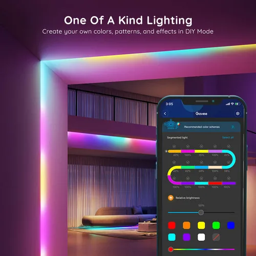 Govee LED Stripe Basic, 5 m, RGBIC, Wi-Fi + Bluetooth - Lampensockel: LED fest verbaut - Farbtemperatur Kelvin: Keine Angabe - Aussenanwendung: Nein - Gesamtleistung: 12 W - Leuchten Kategorie: LED Stripe - Lichtfarbe: RGBIC - farbig (IC-Chip)