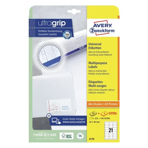Avery Zweckform Universal-Etiketten 6170 64x36 mm, 30 Blatt - Klebehaftung: Permanent - Drucker Kompatibilität: Laser - Inkjet - Anzahl Blatt: 30 × - Papierformat: A4 - Anzahl Etiketten: 630 - Etikettengrösse: 64x36 mm