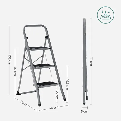 Songmics Trittleiter Grau-Schwarz - Anzahl Stufen: 3 × - Belastbarkeit: 150 kg - Höhe: 105 cm - 117 cm - Produkttyp: Anlegeleiter